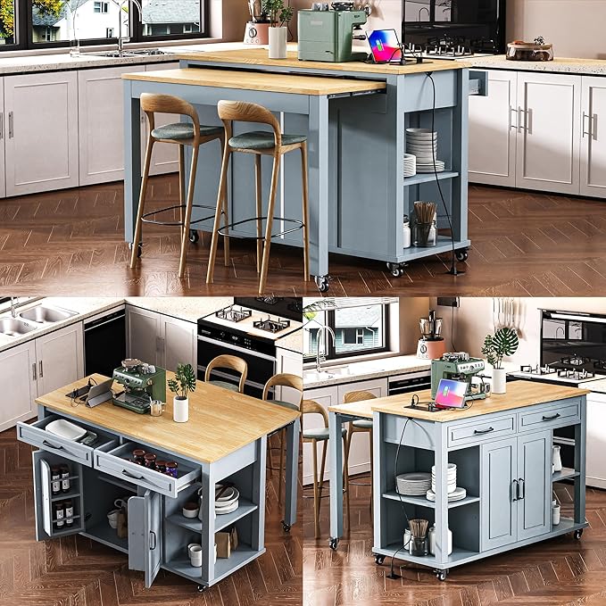 Merax Rolling Kitchen Island on Wheels with Extendable Dining Table & Power Outlet, Wood Kitchen Cart on Wheels with Internal Storage Rack,2 Drawers & 2 Cabinets, 47" Wide Grey Blue