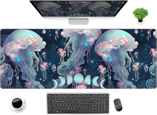 DCJJM Anime Desk Mat Jellyfish Neon Blue XL Mouse Pad Gaming Ocean Moon Computer Keyboard Pad 80 x 30cm Women Desk Protector with Stitched Edges