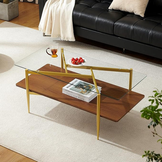 Rectangle Coffee Table, Mid-Century Modern Design, L41*W21*H17 inch, for Living Room, Clear Glass Top and Walnut Finish Wood Shelf, Conical Metal Legs with Gold Finish