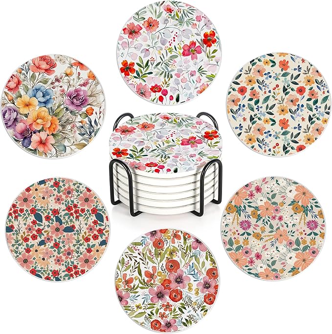 6 Pcs Coasters for Drinks with Holder, Vintage Watercolor Flowers Absorbent Ceramic Coasters with Cork Base,Cute Funny Table Drinks Coasters Tabletop Protection Mat,Table Home Decor,4 Inches