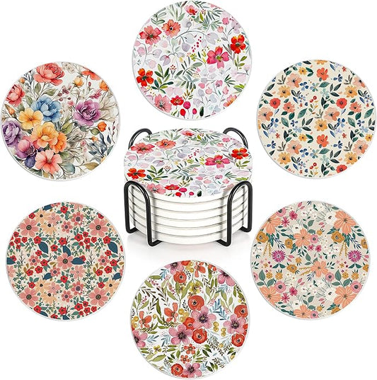 6 Pcs Coasters for Drinks with Holder, Vintage Watercolor Flowers Absorbent Ceramic Coasters with Cork Base,Cute Funny Table Drinks Coasters Tabletop Protection Mat,Table Home Decor,4 Inches