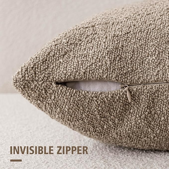 Foindtower Set of 2, Decorative Textured Boucle Throw Pillow Covers Accent Solid Pillow Cases Neutral Cozy Couch Cushion Case for Chair Sofa Bedroom Living Room Home Decor 16x16 Inch Light Khaki Tan