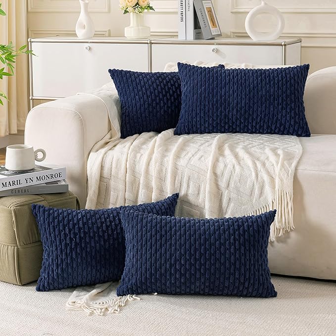 Set of 4 Navy Blue Decorative Throw Pillow Covers 12x20 Inch Corduroy Pillow Covers for Bed Couch Sofa Living Room Soft Cushion Cases