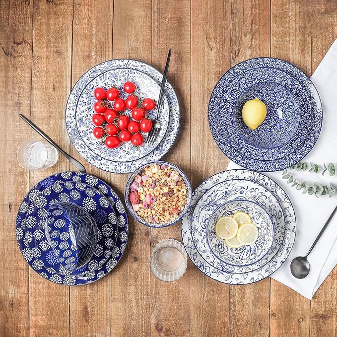 Selamica Embossed Dinnerware Sets 12 Piece, Ceramic Dishes set for 4, Kitchen Plates and Bowls Sets, Microwave & Dishwasher Safe, Housewarming, Dark Blue