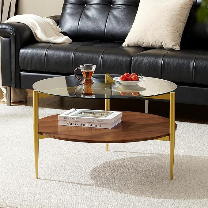 Round Coffee Table, Mid-Century Modern Design, D30*H17 inch, for Living Room, 2-Tier Structure, Clear Glass Top and Walnut MDF Shelf, Sleek Conical Metal Legs with Gold Finish