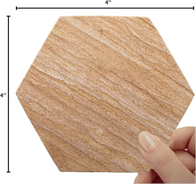 Sandstone Water Absorbent Hand Crafted Hexagon Coasters for Drinks - 4 Inches Wide Thirsty Stone Bar/Drink Coasters- Made from Rainbow Sandstone (Set of 6 Without Holder)