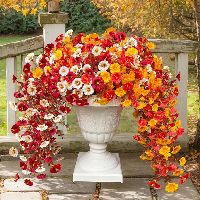 8PCS Artificial Fall Hanging Flowers for Outdoor, Fake Silk Petunias Plants, Fake Mums, Fall Outdoor Decoration, UV Resistant, Morning Glorias, for Home Garden Porch Decor (Deep Autumn)