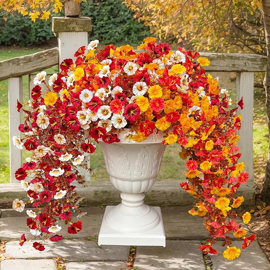 8PCS Artificial Fall Hanging Flowers for Outdoor, Fake Silk Petunias Plants, Fake Mums, Fall Outdoor Decoration, UV Resistant, Morning Glorias, for Home Garden Porch Decor (Deep Autumn)