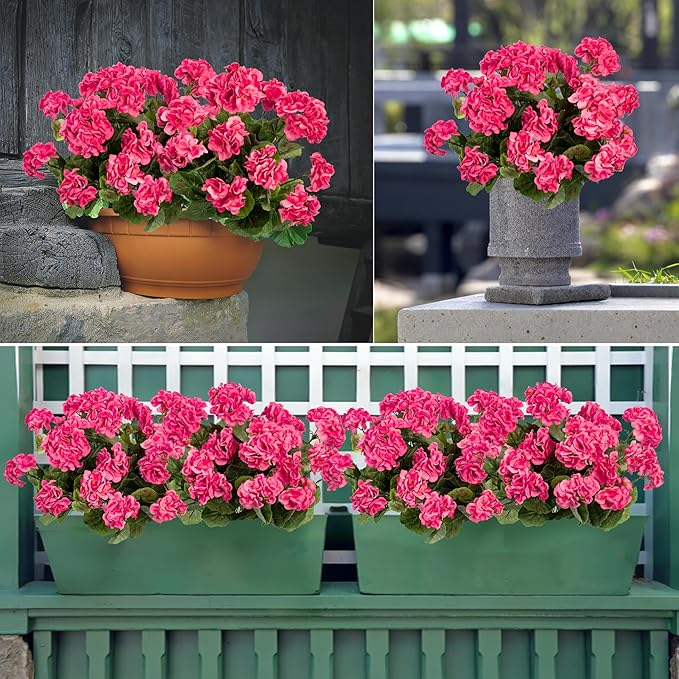 4PCS Home Decor Fake Plants Artificial Flowers Artificial Geraniums Outdoor Fake Flowers Artificial Flowers Fake Silk Bouquet, Fall Decor for Interior Porch Garden Decoration 14.4"(Rose Red)