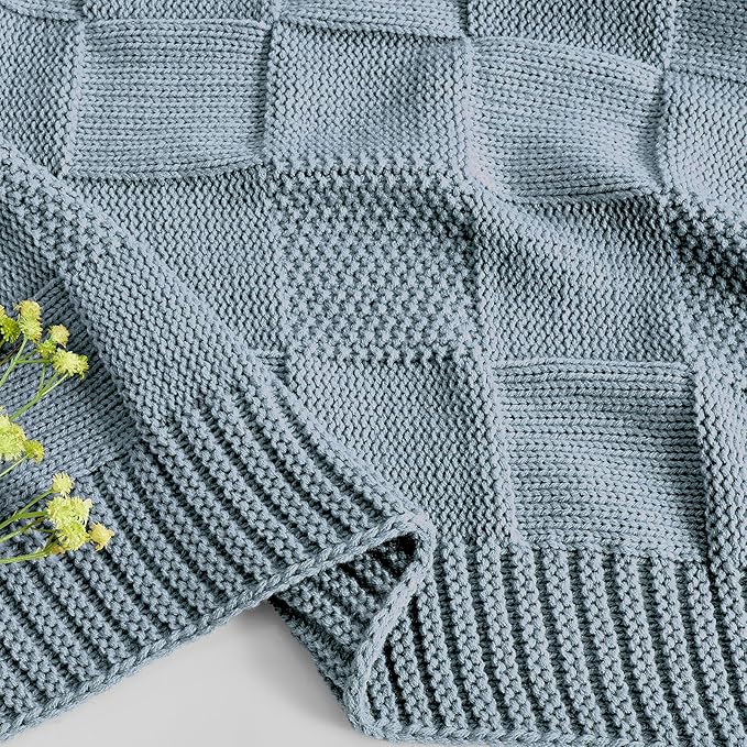 CozeCube Check Knit Throw Blanket, Dusty Blue Checkered Throw for Couch, Decorative Christmas Soft Cozy Warm Knitted Blanket for Bed Sofa Living Room, 60"X80"