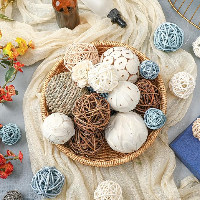 Riceshoot 2 Pack Decorative Balls Potpourri Bowl Filler Decor Natural Vase Bowl Filler Assorted Spherical Rattan Twigs Wicker Balls Cotton for Home Centerpiece(Blue)