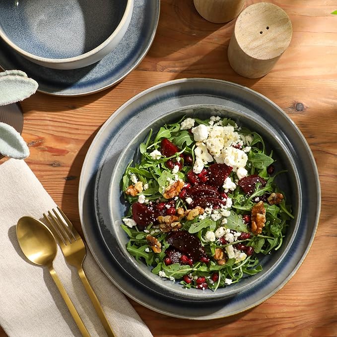 Gibson Elite Sunveil 16 Piece (Service for 4) Plates and Bowls Reactive Glaze Round Dishes Stoneware Ceramic Dinnerware Set -Blue