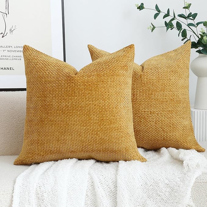 Stellhome Pack of 2 Woven Textured Decorative Throw Pillow Covers Soft Chenille Accent Luxury Cushion Cases for Living Room Couch Bed Sofa Farmhouse Boho Home, 16x16 inch, Mustard Yellow