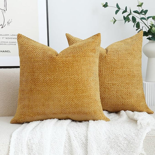 Stellhome Pack of 2 Woven Textured Decorative Throw Pillow Covers Soft Chenille Accent Luxury Cushion Cases for Living Room Couch Bed Sofa Farmhouse Boho Home, 16x16 inch, Mustard Yellow