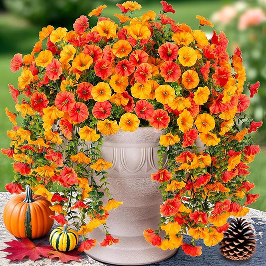 Artificial Faux Fall Hanging Flowers Plants for Outdoor Decor,2 PCS Fake Silk Morning Glory with Eucalyptus UV Resistant Realistic Vine for Wall Home Porch Patio Balcony Yard Decor,Yellow and Orange