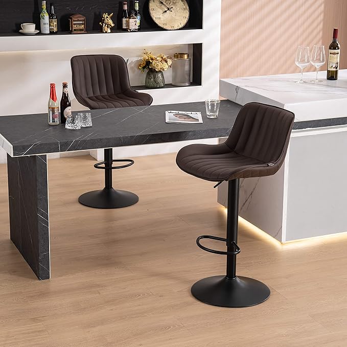 YOUNUOKE Counter Height Bar Stools Set of 2, Adjustable Swivel Stool Chairs with Back, Brown Faux Leather Upholstered, Mid-Century Modern Barstools for Kitchen Island, Dining Room, Home Bar, Bistro