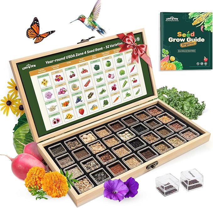 Lush&Dew Year-Round USDA Zone 4 Seed Bank, 32 Varieties Non-GMO Heirloom Seeds of Vegetables, Herbs, Gardening Gifts for Women Men, Emergency Survival Kit for Raised Garden Bed, Greenhouse