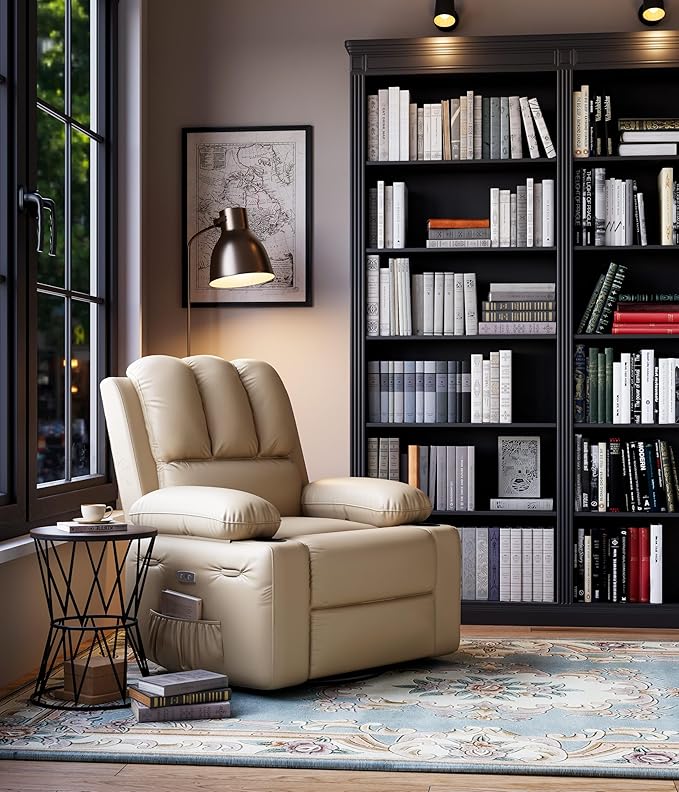 27" Oversized Power Recliner Chair, Faux Leather Rocking Chair with Heat & Massage, 360° Swivel Modern Electric Recliner with Cup Holder ＆ USB Charging for Living Room, Bedroom, Nursery - Beige