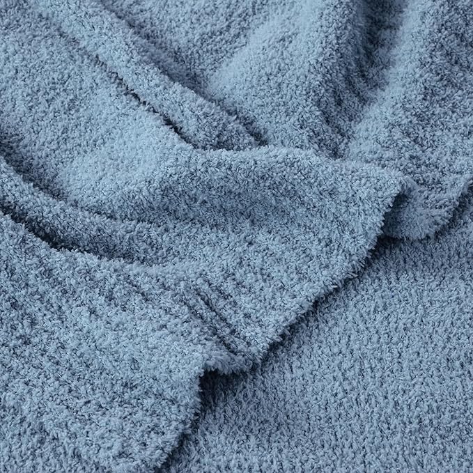 JOOJA Dusty Blue Fuzzy Knitted Blanket, Soft Lightweight Plush Queen Size for Bed, Cozy Nights in Dusty Blue, 90x90