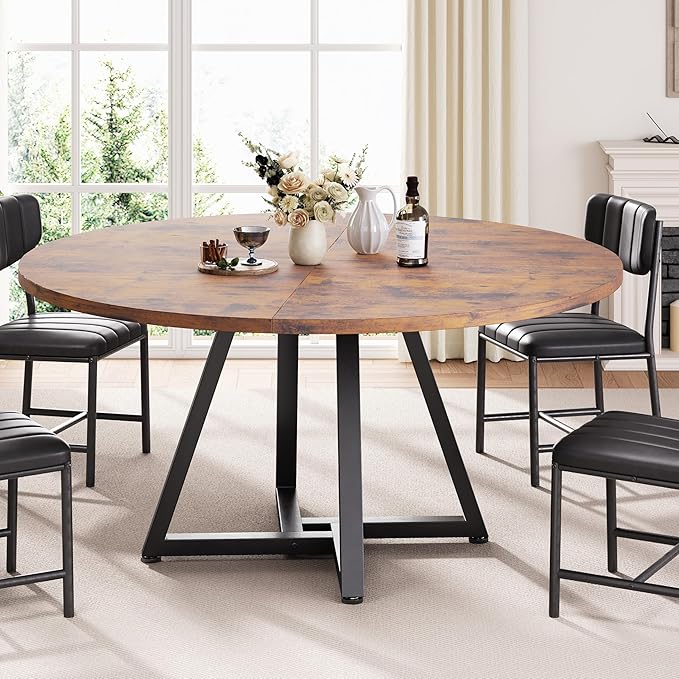 42“ Round Kitchen Dining Room Table for 2-4, Circle Dining Dinner Table with Pedestal Metal Frame, Space Saving Wood Industrial Furniture for Small Space (Rustic Brown, 42IN)