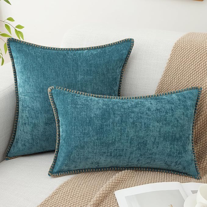 decorUhome Chenille Soft Throw Pillow Covers 20x20 Set of 2, Farmhouse Velvet Neutral Decorative Euro Pillow Covers with Stitched Edge for Couch Sofa Bed Home Decor, Teal