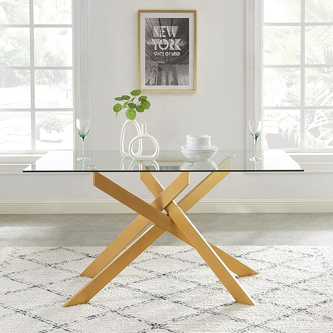 Edwin's Choice 58.5” Rectangle Glass Dining Table, Tempered Glass Table Top and Metal Tubular Legs, Modern Style Table for Home, Kitchen, Dining Room 58.5”Lx29”Wx30”H, Gold