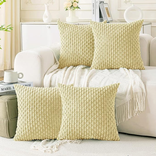 Set of 4 Pale Yellow Decorative Throw Pillow Covers 22x22 Inch Corduroy Pillow Covers for Bed Couch Sofa Living Room Soft Square Cushion Cases