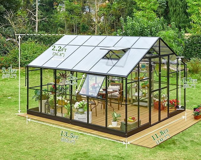 Jocisland 12x13.5x9 FT Polycarbonate Greenhouse, Outdoor Aluminum Greenhouse with 4 Ventilation,Quick Connect Fittings, 6.7 FT Height Double Doors, Fit for Backyard, Black