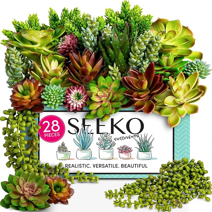 SEEKO Succulents Fake Plants Artificial (28 Pack) - Premium Faux Succulents for Crafts - Realistic Artificial Succulent Assortment for Party, Cake, Garden, Home & Outdoor Decor