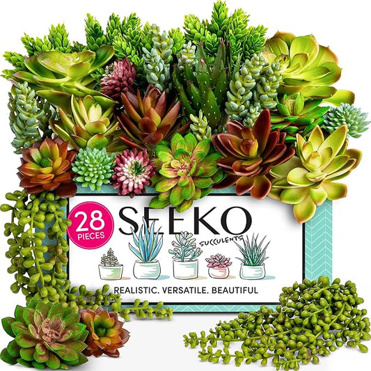 SEEKO Succulents Fake Plants Artificial (28 Pack) - Premium Faux Succulents for Crafts - Realistic Artificial Succulent Assortment for Party, Cake, Garden, Home & Outdoor Decor