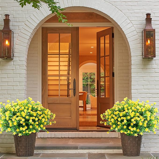 SITUMEIZI 8 Bundles Yellow Artificial Flowers Outdoor Fake Flower Plastic UV Resistant Shrubs Greenery Plants Hanging Decorations Garden Porch Window Box Farmhouse Outside Summer Indoor Decor
