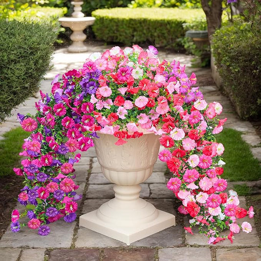 7 Color Mix Artificial Hanging Flowers for Outdoor, 8 Pcs Fake Silk Petunias Plants Arrangement, for Spring Summer Outdoor Decoration, UV Resistant, Morning Glorias,for Home Garden Decor (PinkPurple)