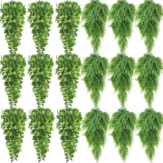 Hoteam 18 Pcs Artificial Hanging Plants 32 Inch Fake Ivy Vines with Fake Leaves Patio Artificial Plants Greenery for Living Room Indoor Outdoor Wall, No Basket (Pothos,Persian Grass)