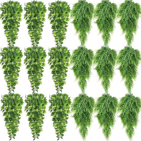 Hoteam 18 Pcs Artificial Hanging Plants 32 Inch Fake Ivy Vines with Fake Leaves Patio Artificial Plants Greenery for Living Room Indoor Outdoor Wall, No Basket (Pothos,Persian Grass)