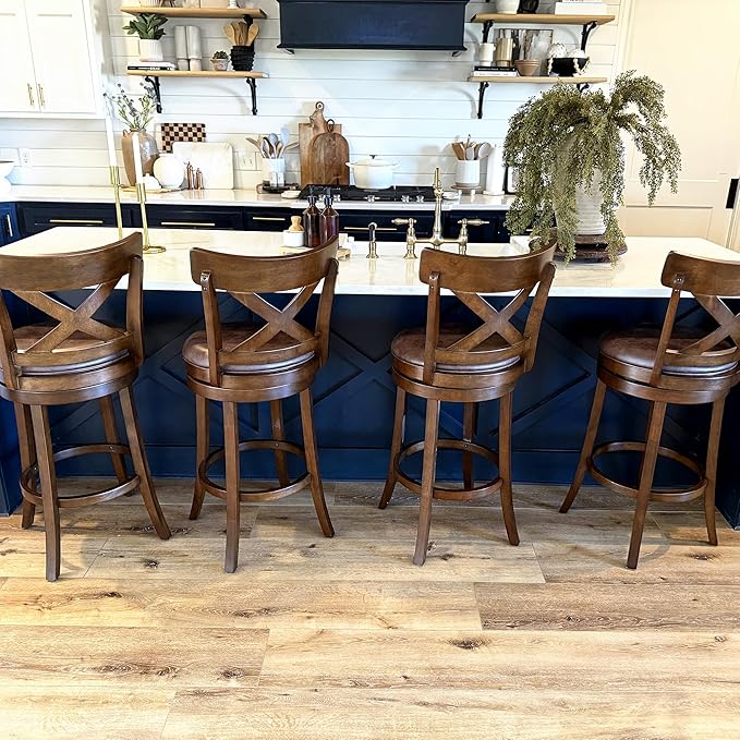 ALPHA HOME Swivel Bar Stools Set of 4, Kitchen Stools with Backs, 30 Inch Wooden Bar Stools, 360 Degrees Swivel Chair with Upholstered, Wrap-Around Footrest Counter Chair, Cappuccino