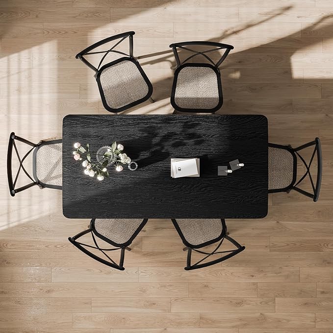 Casaphoria 67" Dining Table, Modern Kitchen Table for 4-6, Farmhouse Style with Rectangular Top & Rattan Legs, Easy Assembly for Living Room, Kitchen, Bar, Black