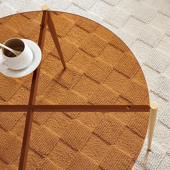 Shrine Round Tempered Glass Table, Gold Glass Coffee Table for Living Room, Circle Glass Top with Gold Metal Frame