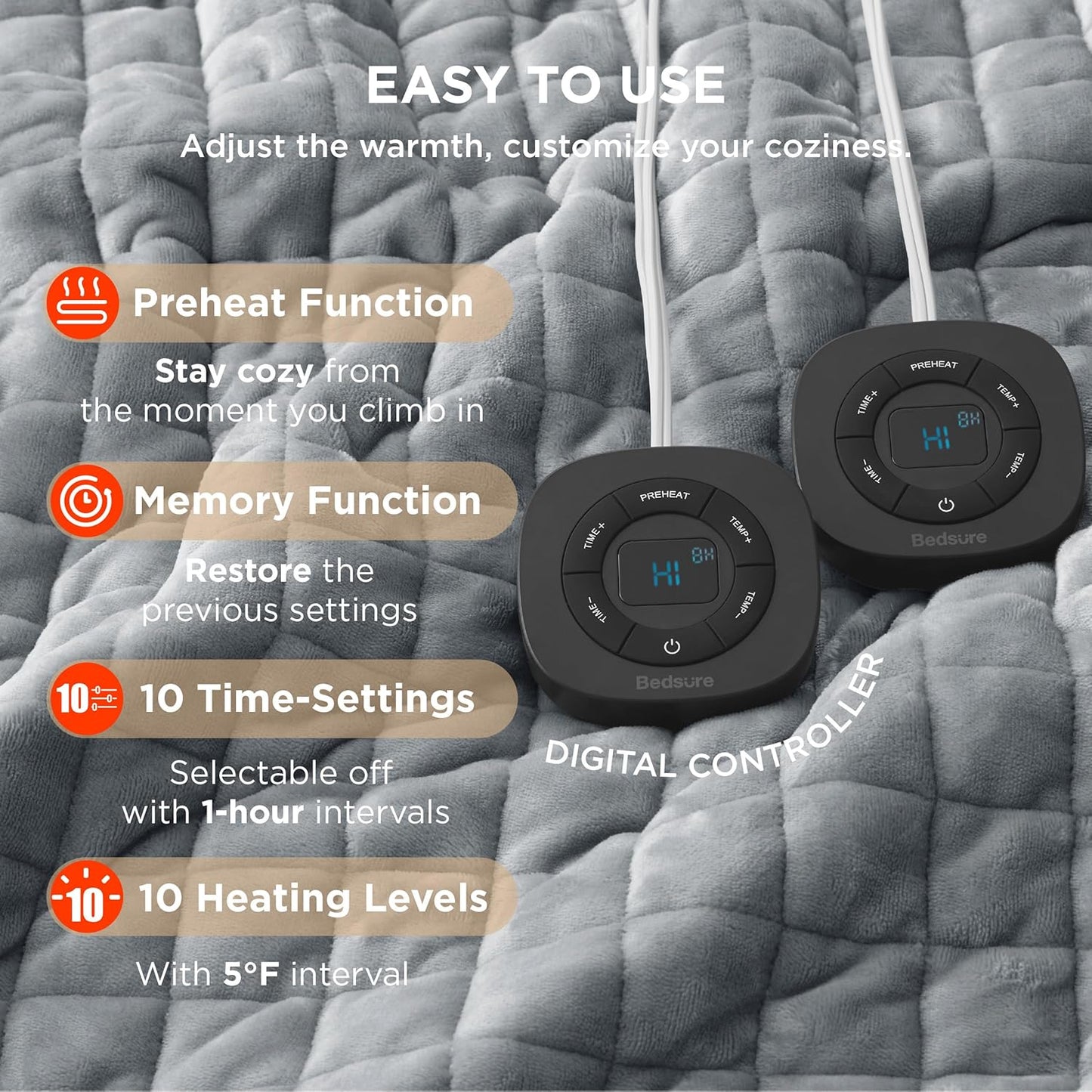 Bedsure Electric Blanket Queen Size - Dual Control Heated Weighted Blanket Queen with 10 Heat Settings, Fast Heating with 10 Time Settings (84x90 inches, Formal Gray)