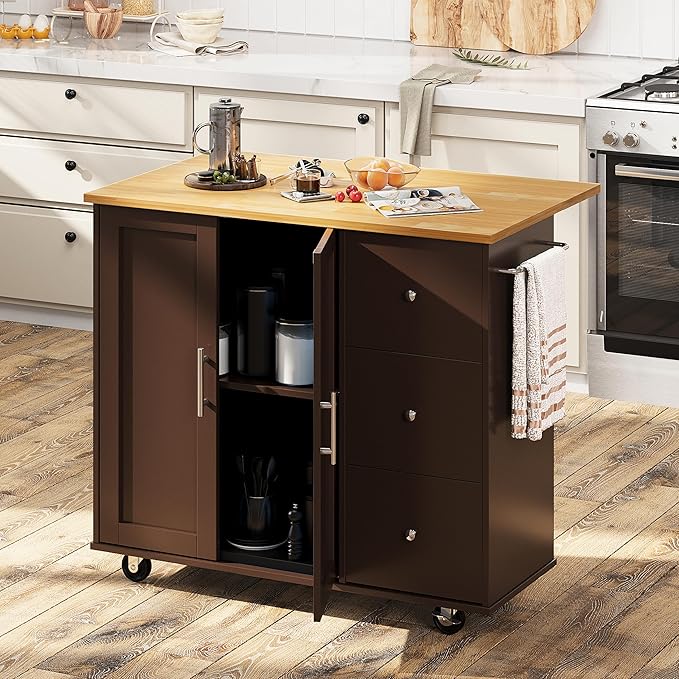 Shintenchi Rolling Kitchen Island Cart with Folding Drop Leaf Breakfast Bar, Portable Trolley Island with Large Storage Cabinet, Shelf and Drawer, Brown