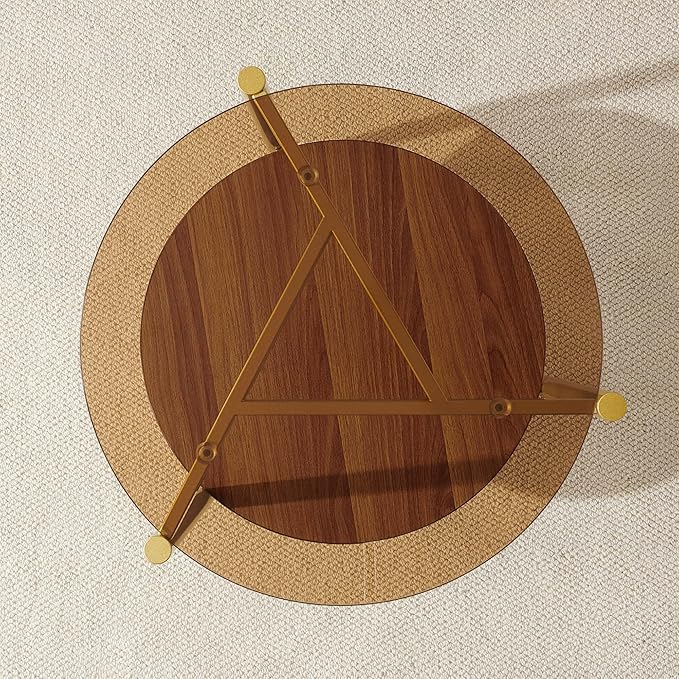 Round End Table, Mid-Century Modern Design, D20*H23 inch, for Living Room, 2-Tier Structure, Amber Glass Top and Walnut MDF Shelf, Sleek Conical Metal Legs with Gold Finish