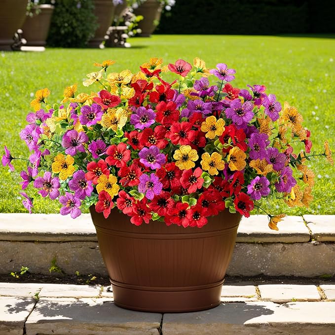 Fall Mums Artificial Flowers for Outdoors Potted, 12 Bundles Fake Fall Daisy Flower with Realistic Eucalyptus Leaves, Fake Plants for Greenery Boxwood Porch Patio Garden Pot Lawn(Red Purple Yellow)