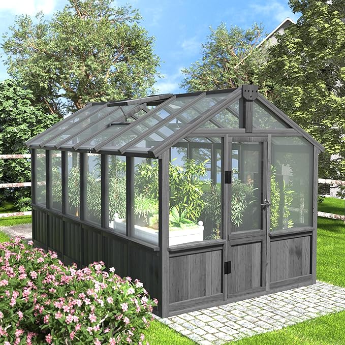 BlueWish 6x12FT Greenhouse, Greenhouse for Outdoor with Cedar Frame, Adjustable Vent, Wood Greenhouses with Polycarbonate Panel, Green House for Outside, Garden, Backyard, Black