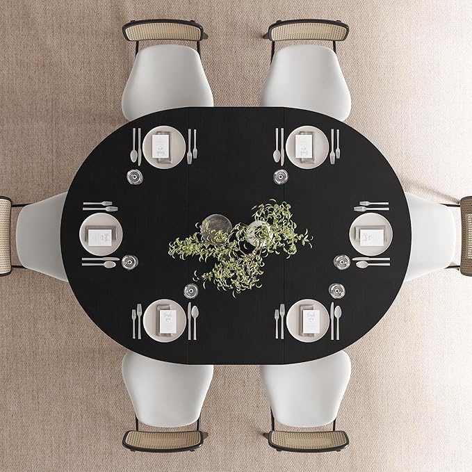 Feonase 59" Round Extendable Dining Room Table for 4-6, Modern Oval Kitchen Table with Heavy Duty Wood Base, Metal Frame Support, for Kitchen Dining Living Room, Easy Assembly, Black