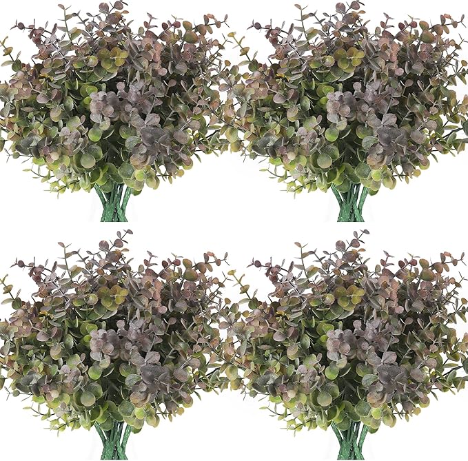 RECUTMS 12 Bundles Fake Bushes Artificial Plants Outdoor Faux Plant Eucalyptus Stems Fake Porch Plants for Farmhouse Bathroom Office Vase Centerpiece Indoor Outdoor Decor(Dusty Purple)