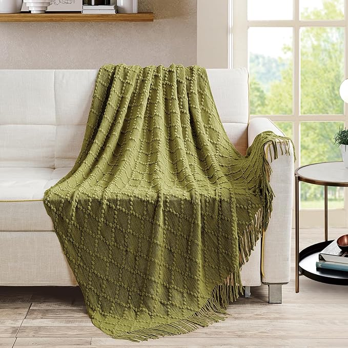 BOURINA Olive Throw Blanket 50 x70 Inches Jacquard Argyle Throw Textured Solid Soft Throws and Blankets for Sofa or Bed Knitted Decorative Blanket