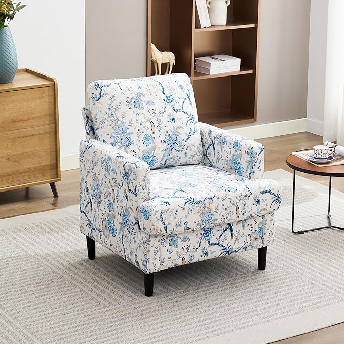 Mid-Century Accent Chair,Modern Linen Fabric Armchair for Living Room,Comfy Upholstered Reading Accent Chairs for Bedroom,Single Sofa Chair with Wood Legs (Blue Flowered Bird, 1 Pack)