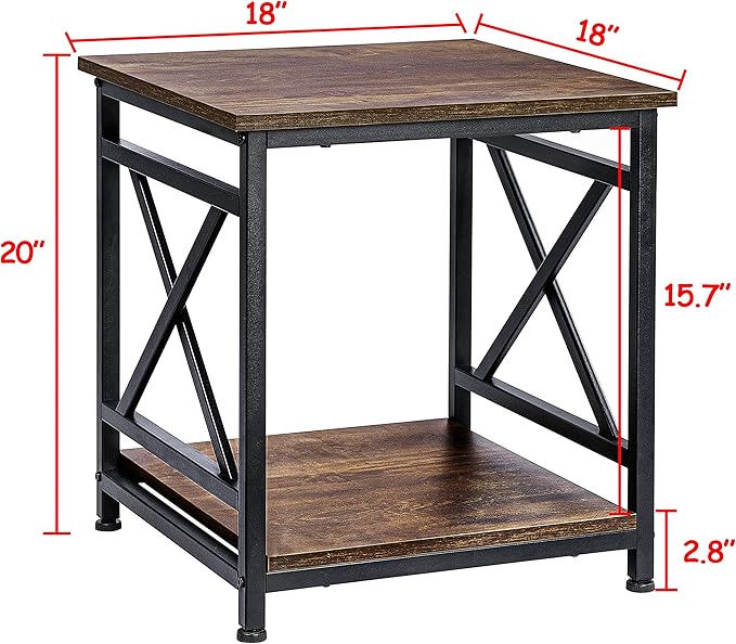 Industrial End Table Side Table with 2-Tier Storage Shelf, 18'' Square Nightstand Bedside Table X-Design Metal Frame for Living Room Bedroom, Rustic Brown