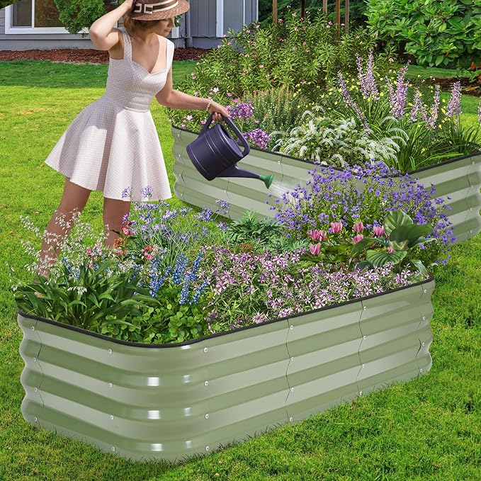 1MORE Raised Garden Bed -4X2X1 Galvanized Planter Box for Outdoor Gardening,3 in 1 Modular Raised Bed Kit with Protective Tape, Gloves for Herb，Ideal for Vegetables and Plants.Green-1Pcak