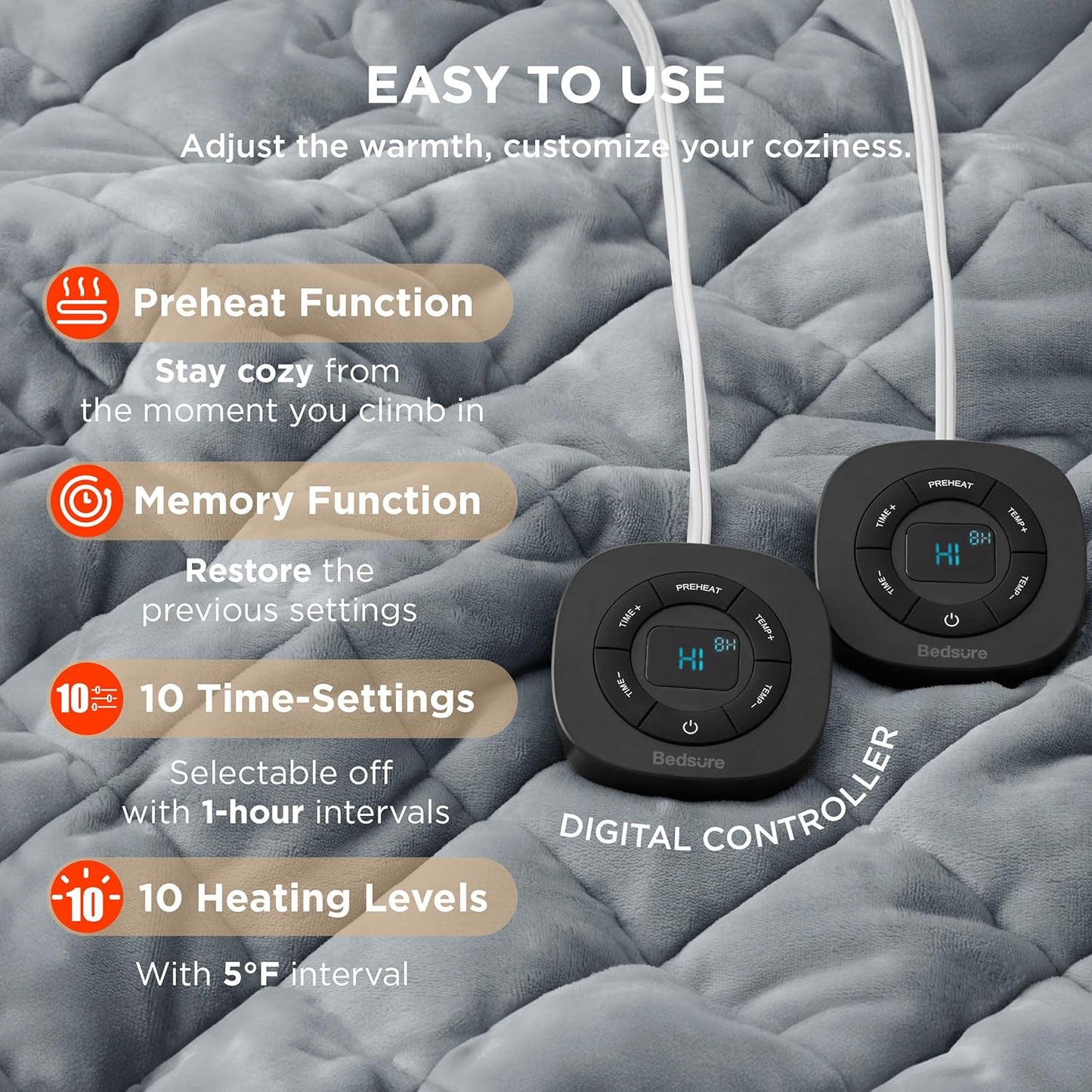 Bedsure Electric Blanket King Size - Dual Control Heated Weighted Blanket King with 10 Heat Settings, Fast Heating with 10 Time Settings (100x90 inches, Formal Gray)