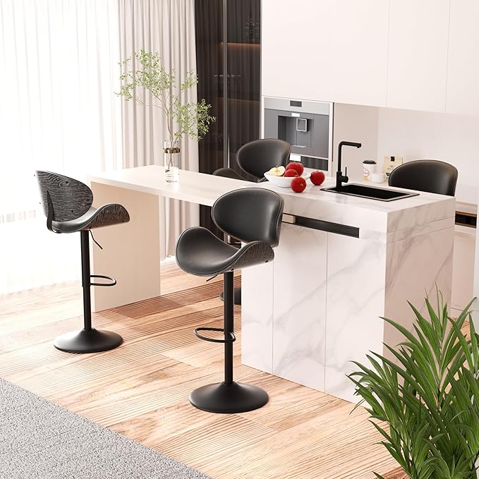 Swivel Bar Stools Set of 4, Seat Adjustable Height 23.5-32.5IN Bentwood Barstools with Back & Footrest, PU Leather Upholstered Counter Height Bar Chairs for Bar Kitchen Dining Room,Gray